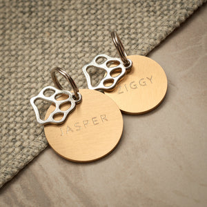 Gebürstetem Messing Kreis Silber Paw Print Tag